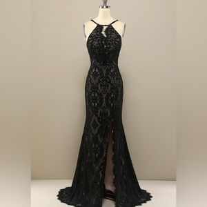 black mermaid long lace prom dress with slit size 2
